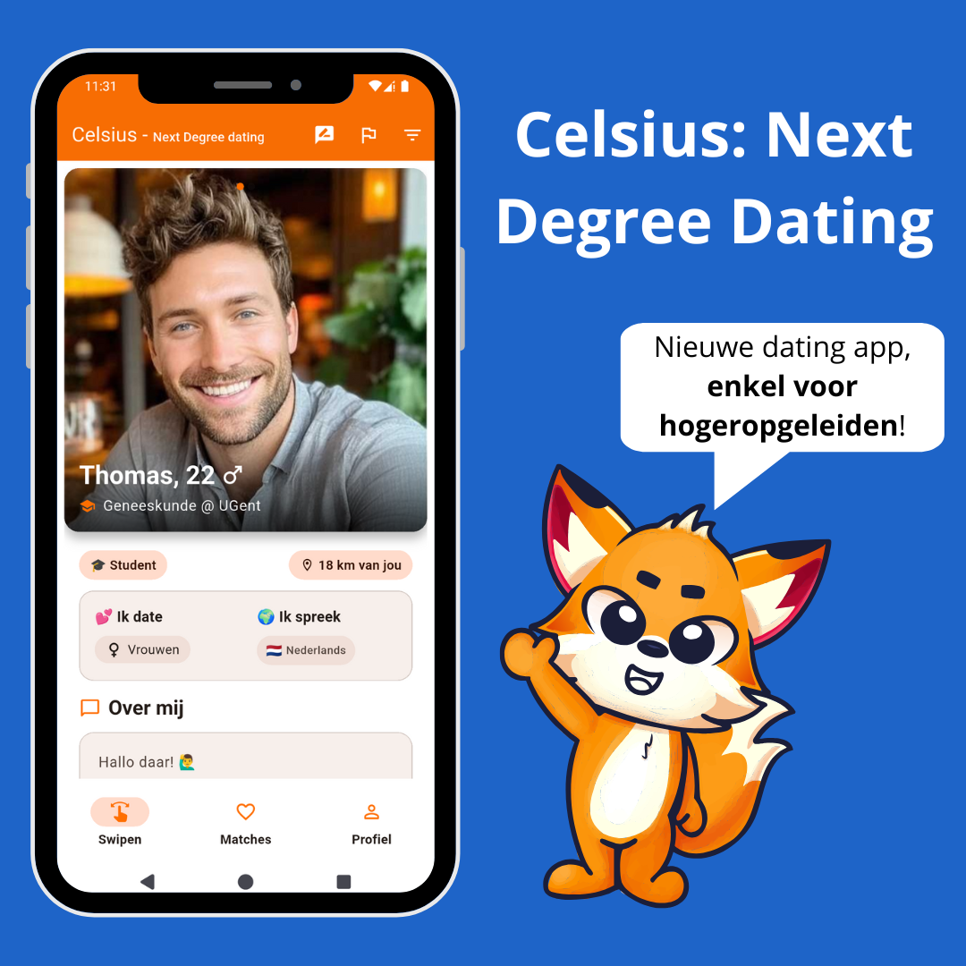 Screenshot of Celsius with a cartoon animal, explaining it's a new dating app for the highly educated.